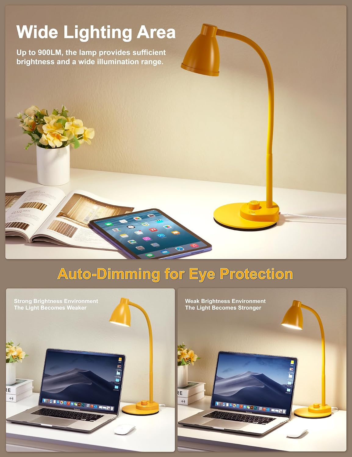 BOHON LED Desk Lamp with USB Charging Port 3 Color Modes Dimmable, Black | Reading Light Intelligent Induction Auto Dimming Task Lamp Neck Flexible Table Lamp for Bedside Office, AC Adapter Include