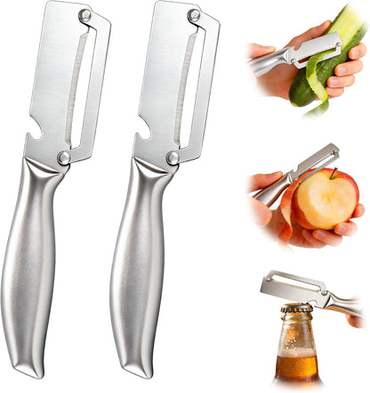 Julienne Peeler Vegetable Peeler for Veggie Potato Carrot(2 Pack) | Multifunctional Cabbage Shredder | 3 in 1 Peeler and Julienne Shredder Tool | Wooden Handle | Bottle Opener