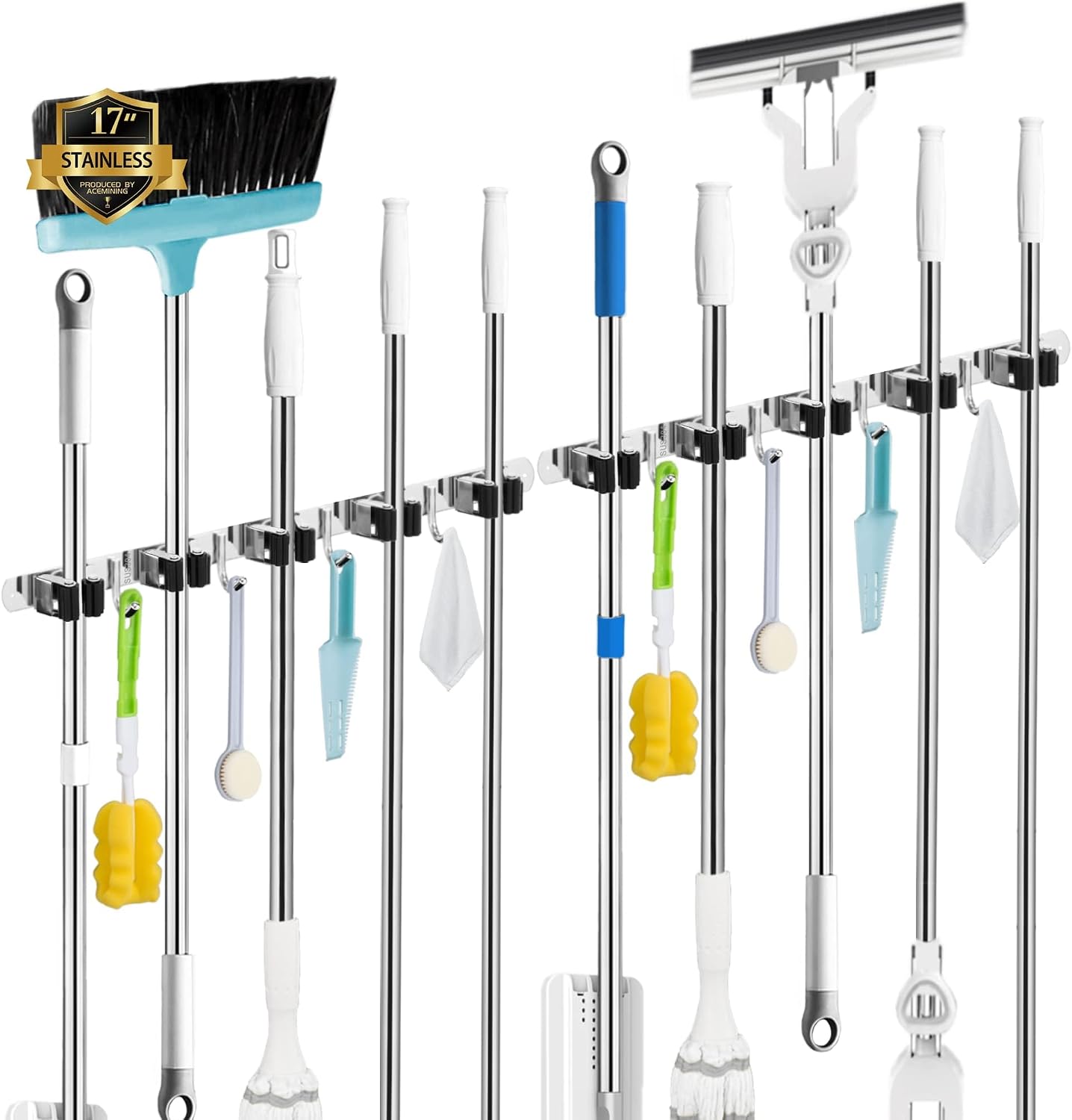 AceMining Broom Holder Wall Mount, 5 Racks 4 Hooks Heavy Duty Mop Organizer | Mop Holder Wall Mount and Broom Hanger for Garage, Laundry Room, Kitchen and Utility Storage
