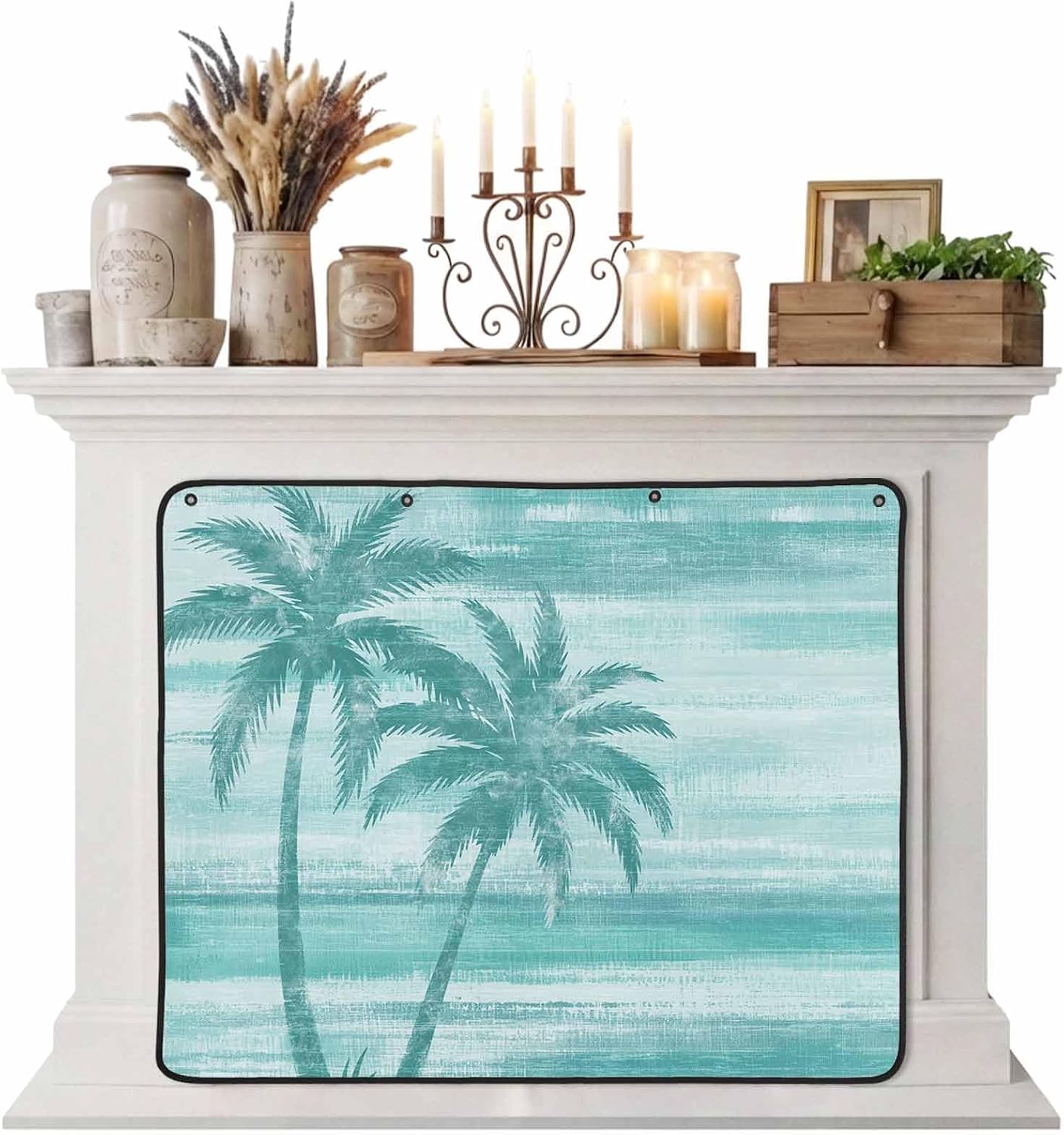 Magnetic Fireplace Cover Beige Summer Palm Tree Fireplace Screen Decorative Tropical Leaves Plant Insulation Fireplace Blocker Save Energy Fireplace Draft Stopper Covers for Living Room 45x34 Inch