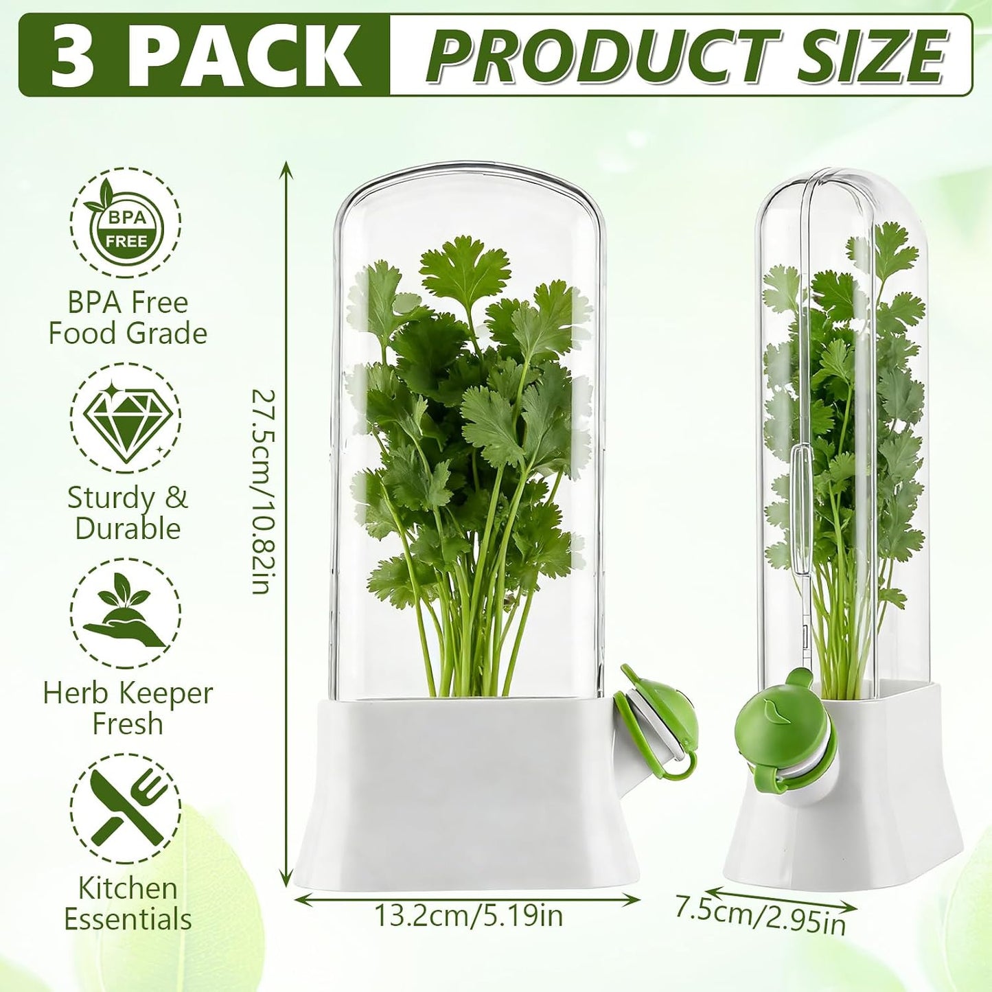 3 PCS Fresh Herb Keeper for Refrigerator, Herb Saver for Refrigerator, Cilantro Containers for Fridge, Herb Storage Containers for Cilantro Asparagus Mint Rosemary Parsley Basil for 2-3 Weeks
