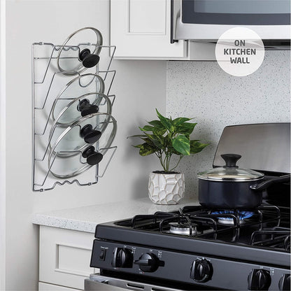 5-Tier Wall-Mount Pot Lid Rack for Kitchen – Pan Lid Organizer, Cabinet Door Storage Rack, Cookware Holder for Pots, Lids, Bakeware & Kitchen Utensils (USA)