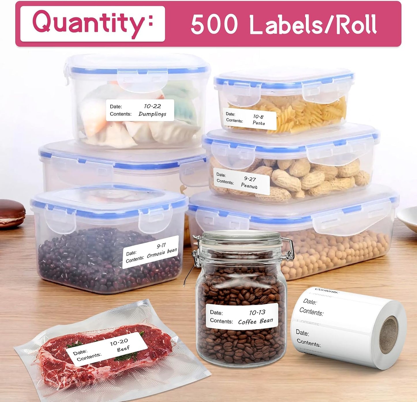 1" x 3" Removable Freezer Labels for Food Containers, 1 Roll of 500 | Easy to Peel off, Waterproof, Oil & Tear Resistant, Leaves No Residue for Freezer Bags/Jars, Kitchen Food Storage, Meal Prep