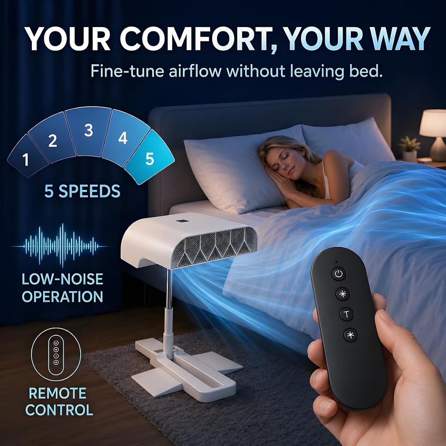 Bed Fan Under Sheets, Rechargeable Cordless Bed Cooling System for Hot Sleepers and Night Sweats, 5-Speed Quiet Mattress Fan with Remote, Adjustable Height 8.6–20.8 Inches