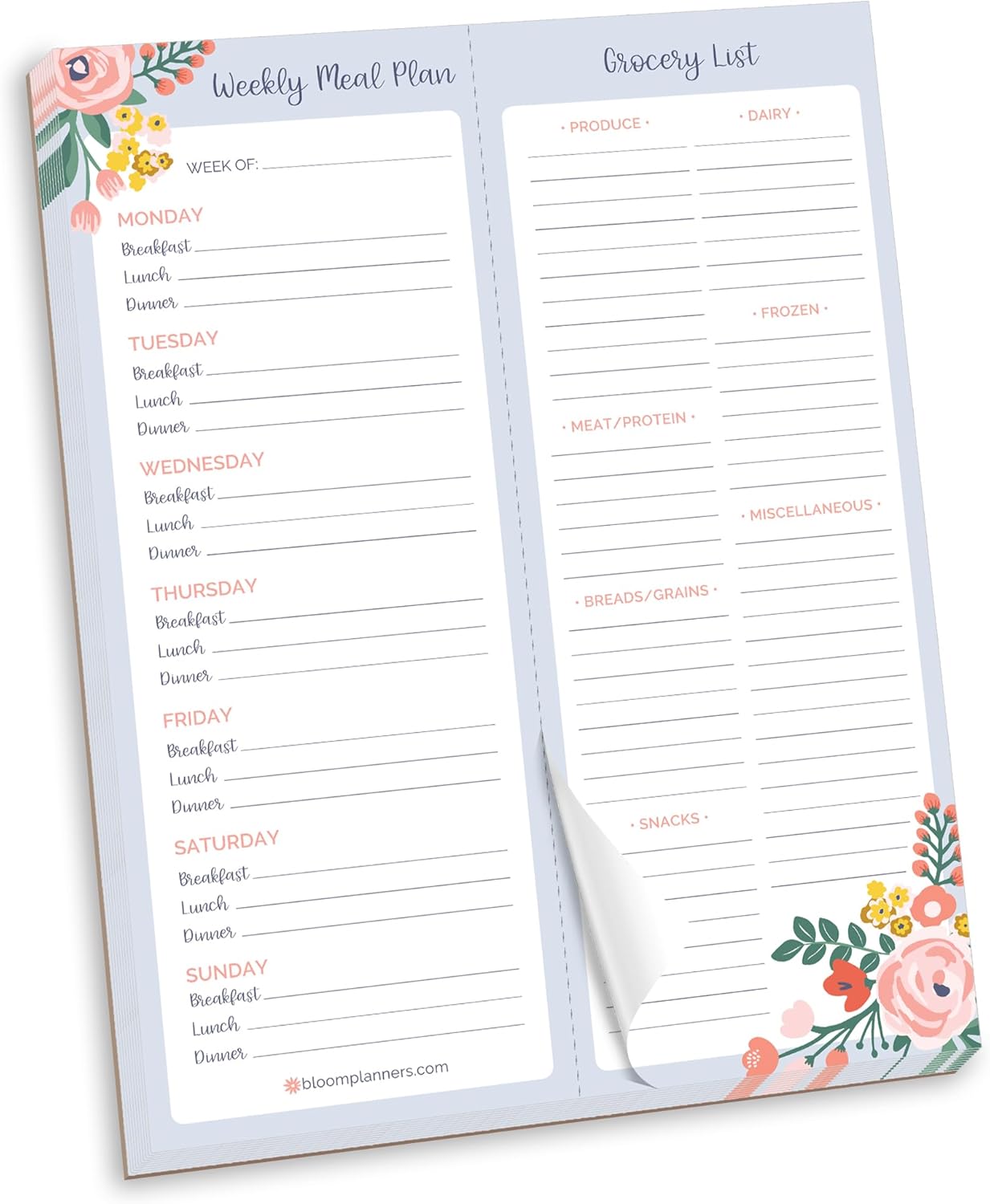 bloom daily planners Horizontal Weekly Magnetic Meal Planning Pad for Fridge with Tear-Off Grocery Shopping List - Hanging Food/Menu Organizer Notepad with Magnets - 8.5” x 11” - Lemons