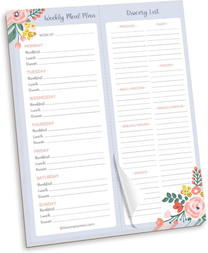 bloom daily planners Horizontal Weekly Magnetic Meal Planning Pad for Fridge with Tear-Off Grocery Shopping List - Hanging Food/Menu Organizer Notepad with Magnets - 8.5” x 11” - Lemons