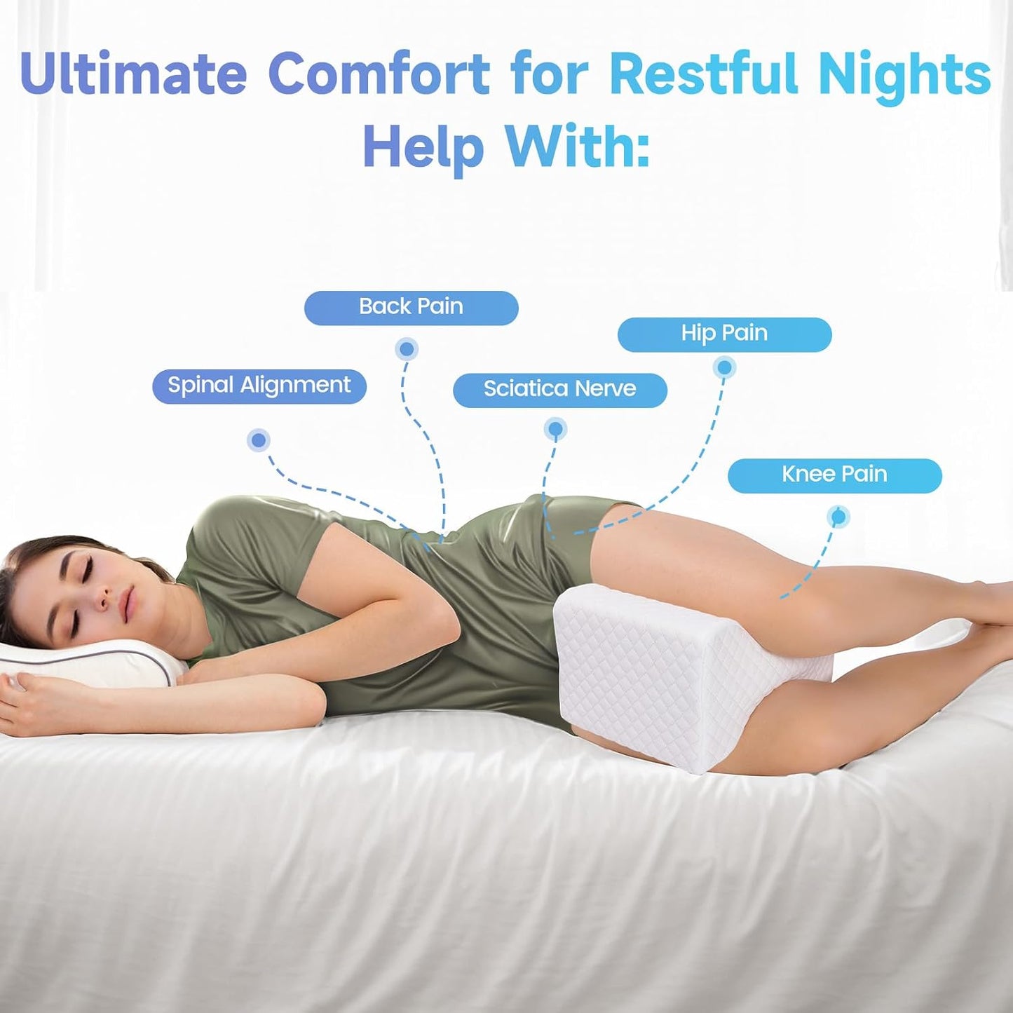 CloudBliss Cooling Gel Knee Pillow for Side Sleepers, Memory Foam, White | Contoured leg pillow, high-density foam, removable machine-washable cover, breathable fabric, hip and knee support