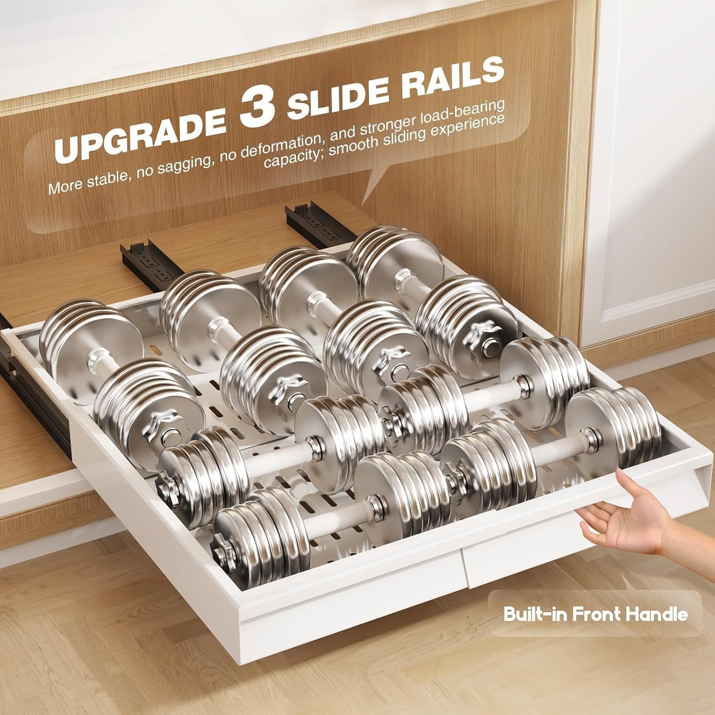 Seinloes Pull Out Cabinet Organizer, 4-Side Expandable to Fit Most Cabinets, 3 Rail Slide Out Drawers with Raising Pad for Framed & Frameless Cabinets, 13"-21" W x 17"-24" D, White, 2 Pack