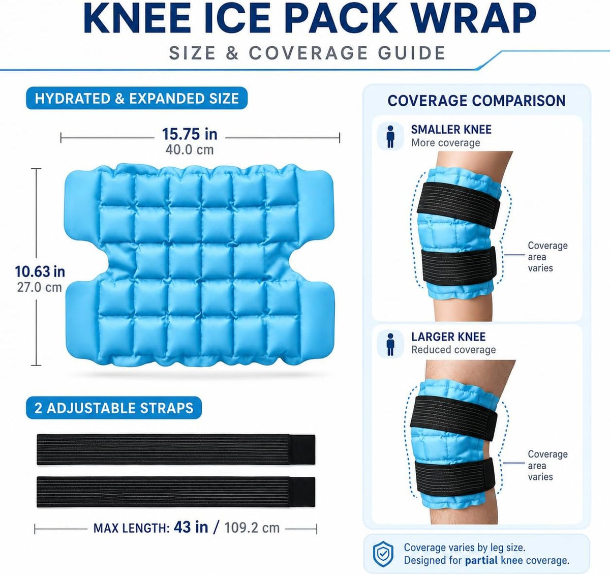 WORLD-BIO Ice Packs for Injuries Reusable, Knee Ice Pack Wrap with Straps, Gel Ice Wrap for Leg Pain Relief, Hot & Cold Compress Therap for Swelling, Water Soak Needed, Light Blue, 1Pack