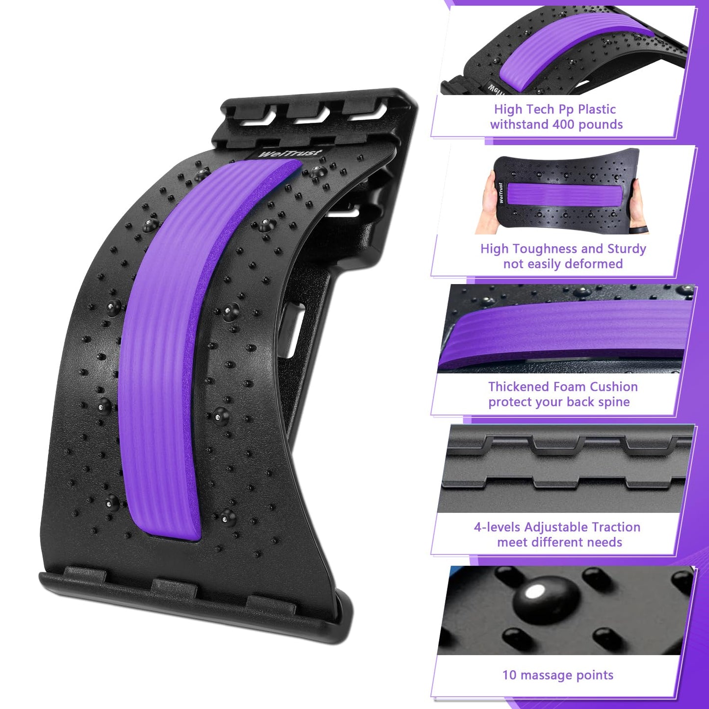 Back Stretcher - 4-Level Adjustable Lumbar Support Board & Back Cracker for Lower Back Pain Relief, Home Office Use (Purple)