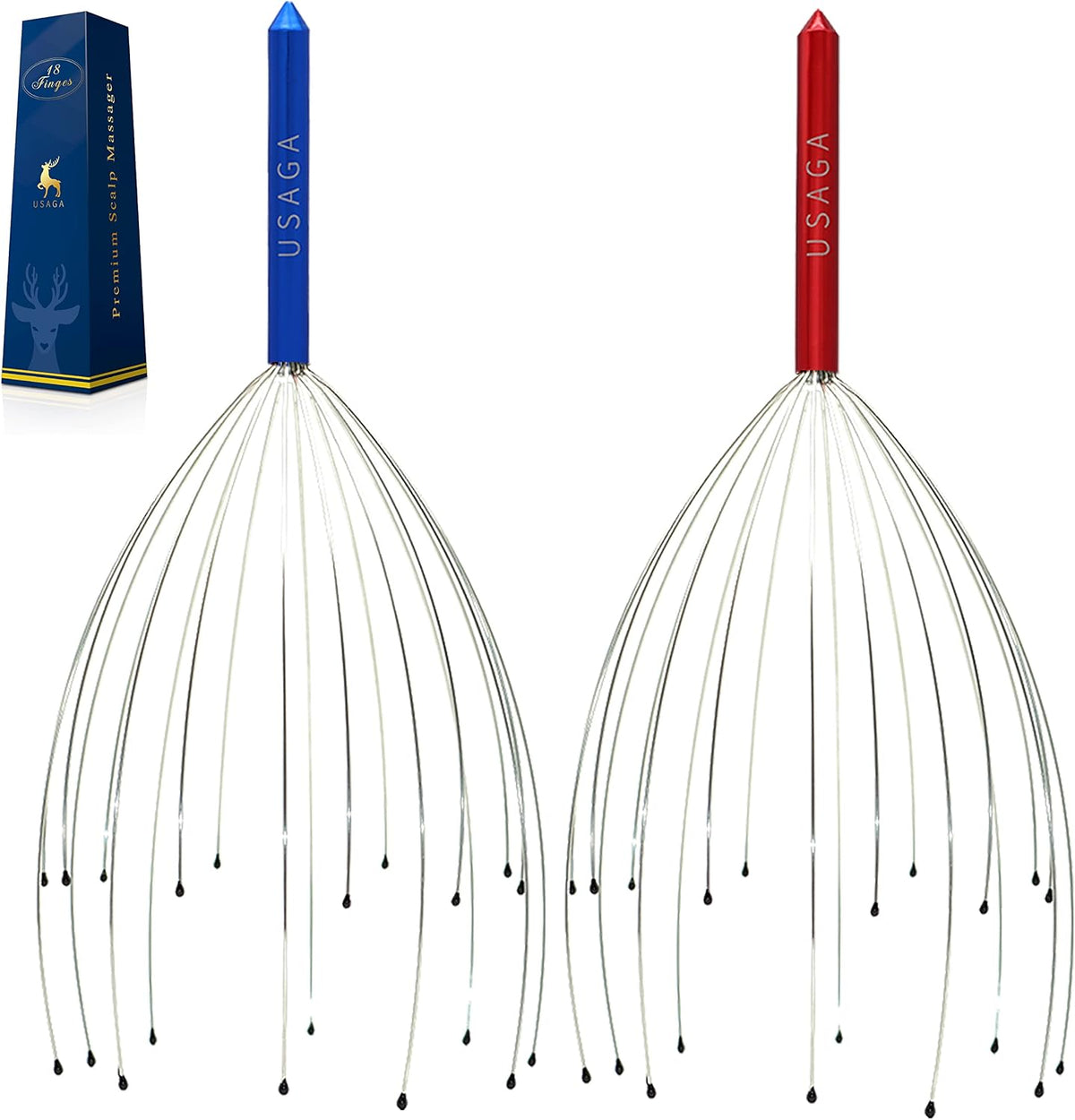 USAGA Head Massager Scalp Massager 20 Fingers Head Scratcher (Red & Blue)