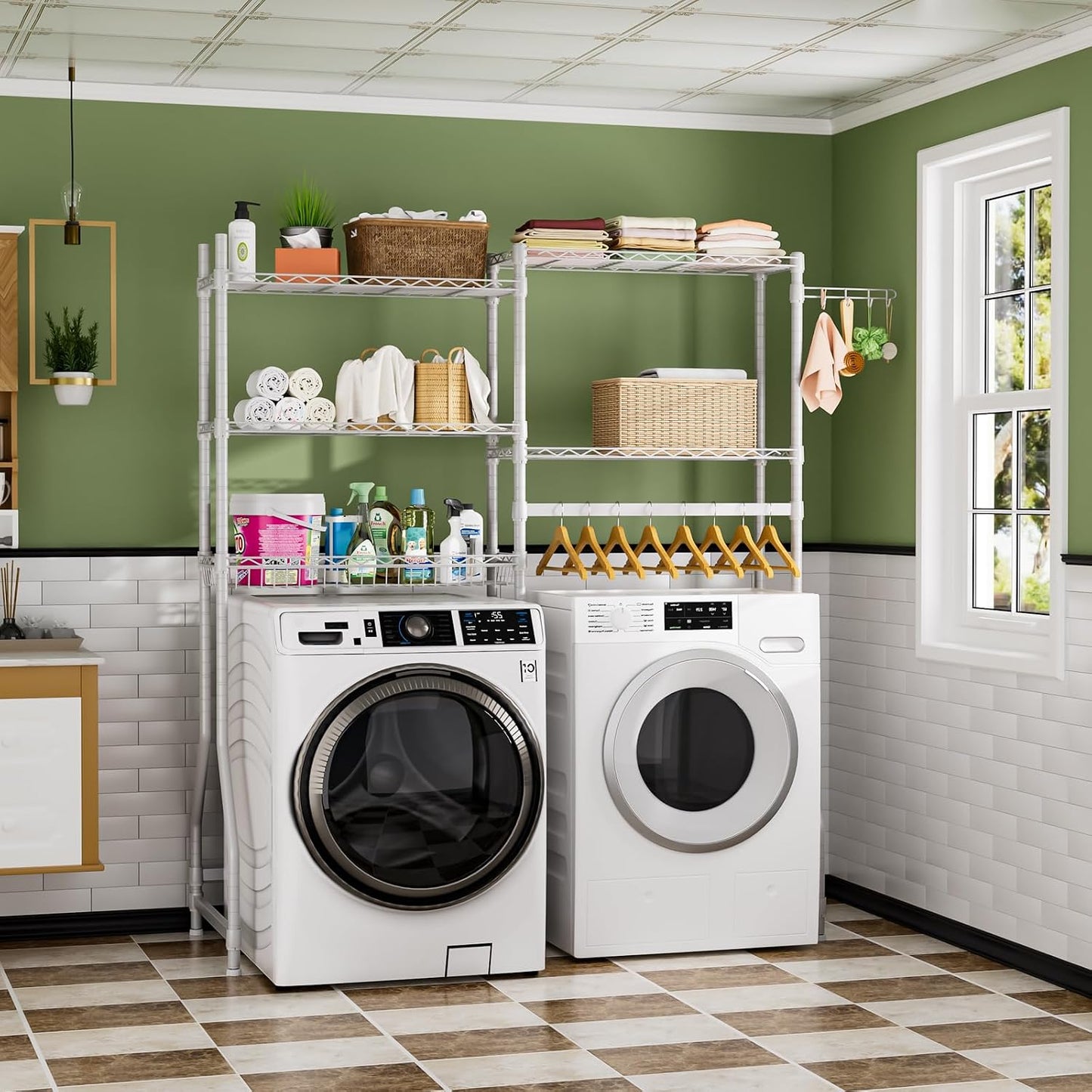 Golpart Laundry Organizer Shelves Over the Washer and Dryer Storage Shelf | Heavy Duty Laundry Room Organization Clothes Drying Rack Adjustable Height Wire Shelving and Wire Basket with Hanger Rod