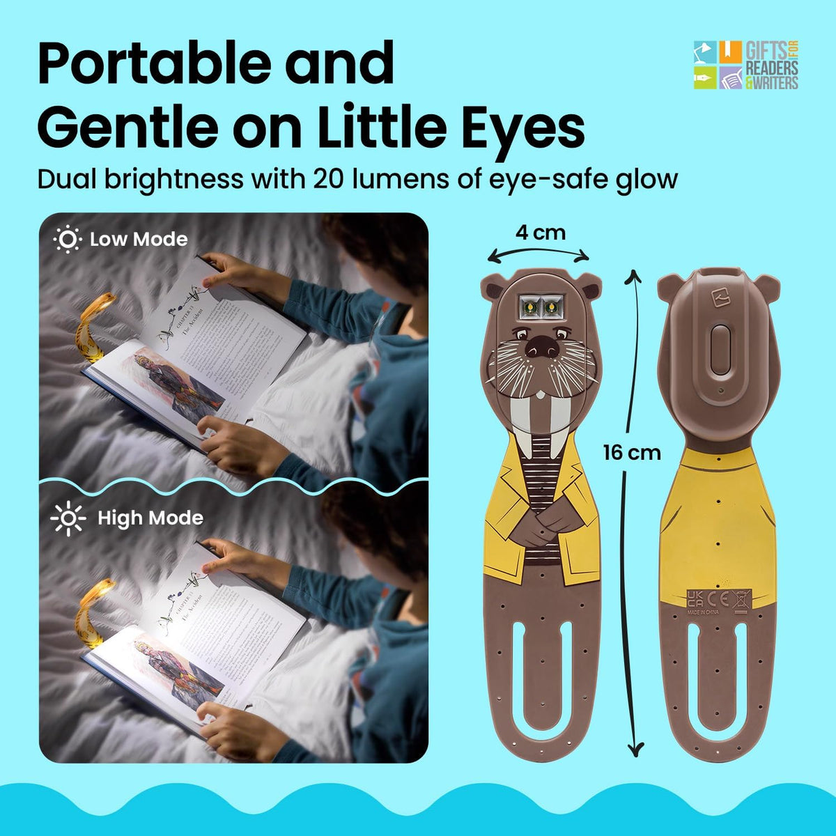 Gifts for Readers & Writers Rechargeable Book Light for Kids, Clip On Reading Light for Bed, 2in1 Flexilight Pals & Bookmark, 12 Hours of Light Once Charged, Includes USB Cable & 2 LED Lights, Dog