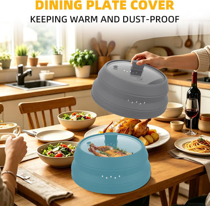 Microwave Splatter Cover Glass Guard Lid with Collapsible Silicone for Food Pot Plate Cover 9.8 inch Dark Blue