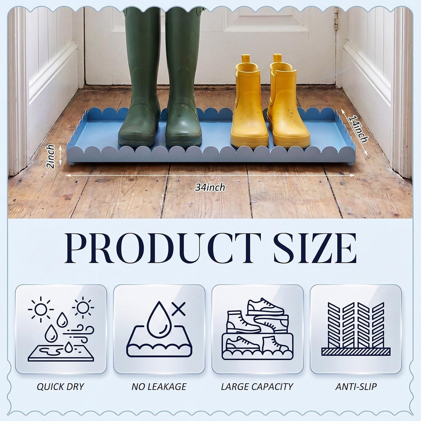 Sieral 34" x 14" x 2" Scalloped Large Metal Boot Tray, Heavy Duty Waterproof Iron Shoe Mat for Entryway Indoor/Outdoor, Multipurpose Shoe Tray for Boots, Plants, Front Door