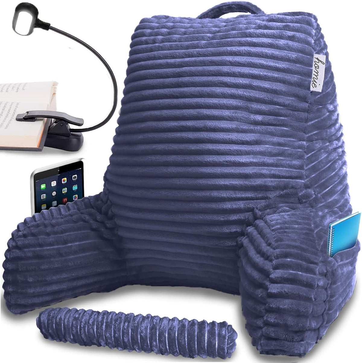 Homie Reading Pillow with Reading Light and Wrist Support, Has Arm Rests, and Back Support for Bed Rest, Lounging, Reading, Working on Laptop, Watching TV (Gray)