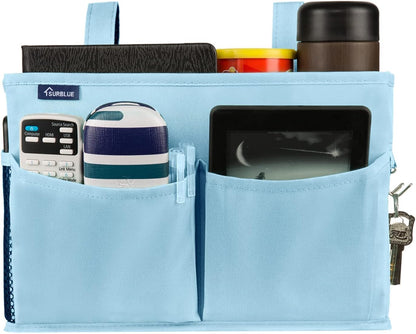 Surblue Bedside Caddy Hanging Organizer Storage Bag Pocket for Bunk, Hospital, College Dorm Rooms, Baby Bed Rails, Camp - 4 Pockets, 2 Hooks (Blue)