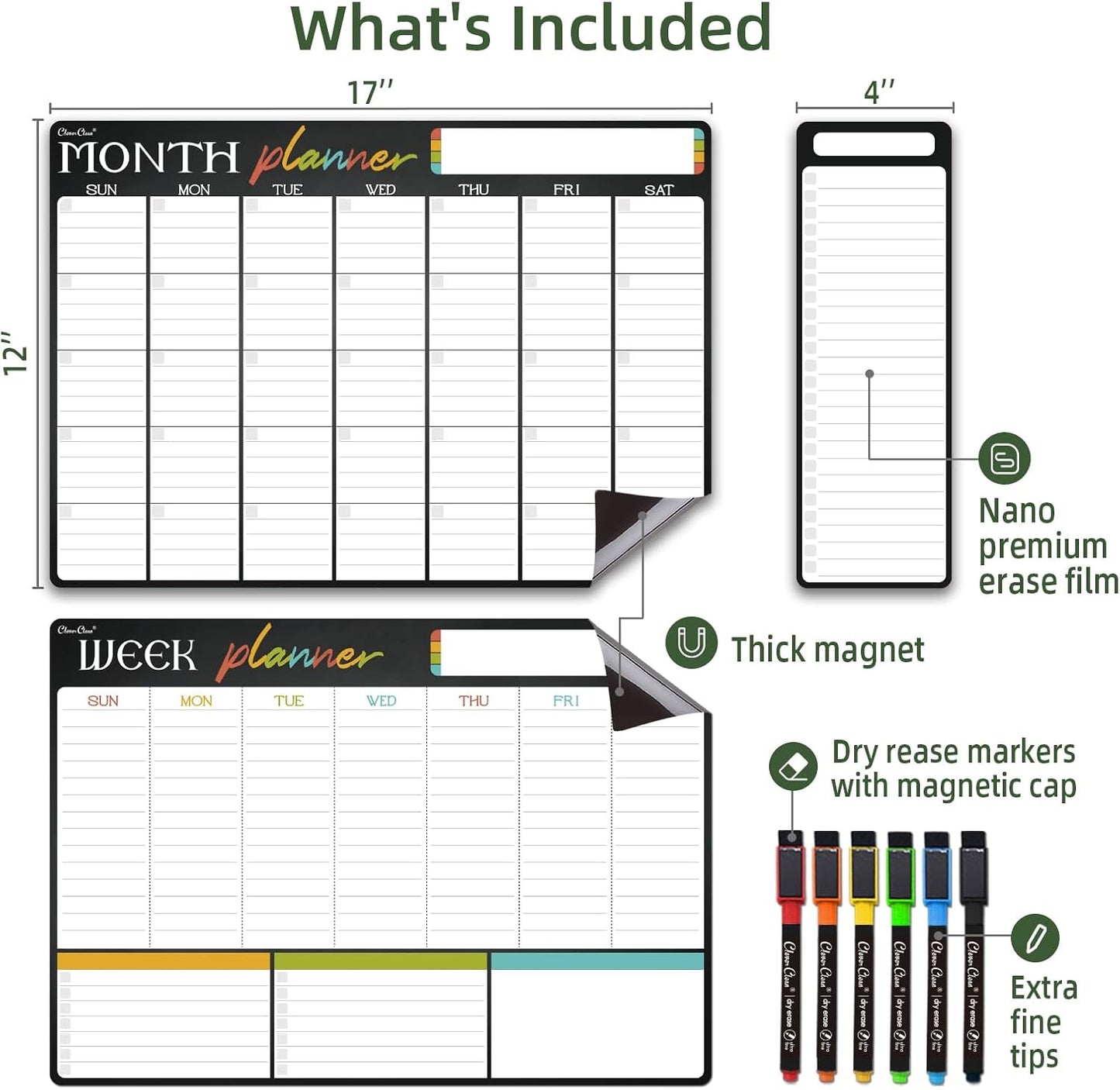 Magnetic Dry Erase Monthly Calendar Set - 15.5"x13" Monthly and 8.5"x13" Weekly Calendar for Fridge - 6 Extra Fine Point Markers Included - Shipped Flat