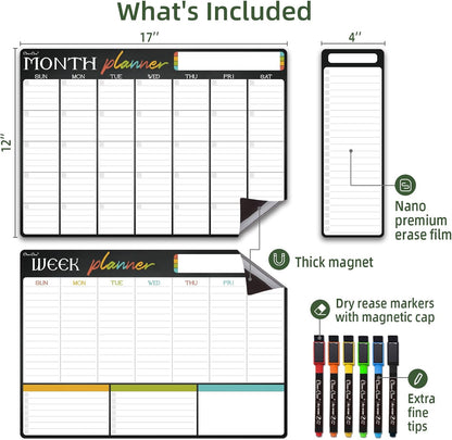 Magnetic Dry Erase Monthly Calendar Set - 15.5"x13" Monthly and 8.5"x13" Weekly Calendar for Fridge - 6 Extra Fine Point Markers Included - Shipped Flat