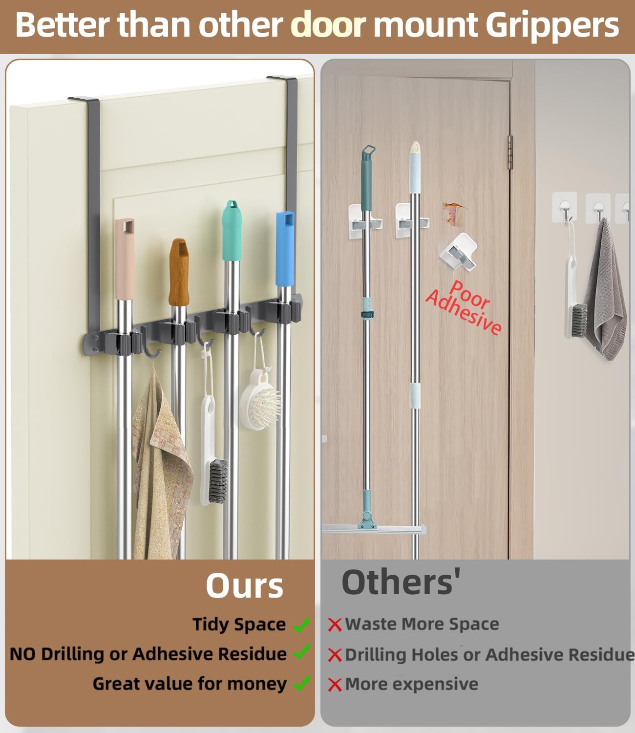 Broom Holder Over The Door with Hooks -304 Stainless Steel (Black) | Save Space, Anti-Rust & Sturdy, Mop and Broom Holder Wall Mounted or Hanging Over The Door, for Garage Laundry Kitchen