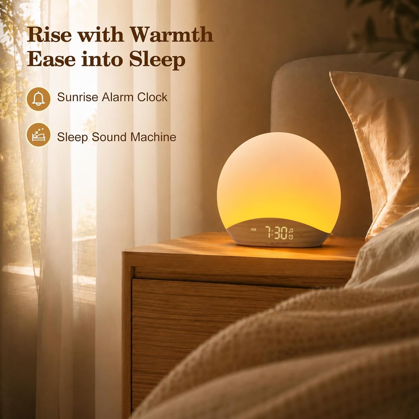 REACHER Wood Grain Sunrise Alarm Clock and Sound Machine Nightlight, Digital Dimmable Clock for Bedroom, 26 Sleep Sounds, White Noise Machine for Baby, Adults, Wake Up Light Alarm Clock for Kids | Digital Dimmable Clock for Bedroom, 26 Sleep Sounds,