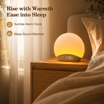 REACHER Wood Grain Sunrise Alarm Clock and Sound Machine Nightlight, Digital Dimmable Clock for Bedroom, 26 Sleep Sounds, White Noise Machine for Baby, Adults, Wake Up Light Alarm Clock for Kids | Digital Dimmable Clock for Bedroom, 26 Sleep Sounds,