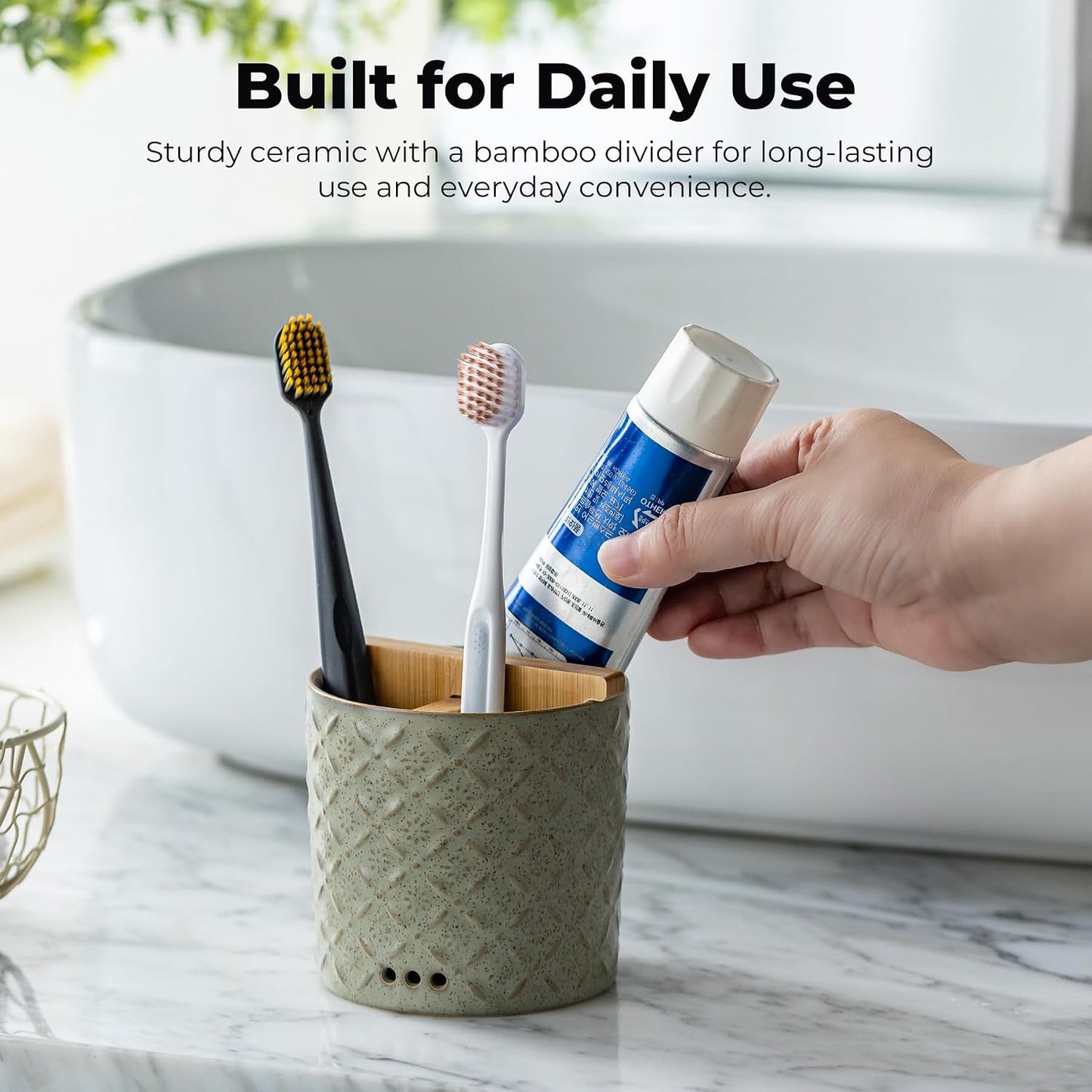 Zoeeker Toothbrush Holder with Drainage, Ceramic Toothbrush Holders Set | Electric Toothbrush & Toothpaste Holder for Bathrooms Self-draining Tooth Brush Cup Countertop Organizers for Family, Yellow