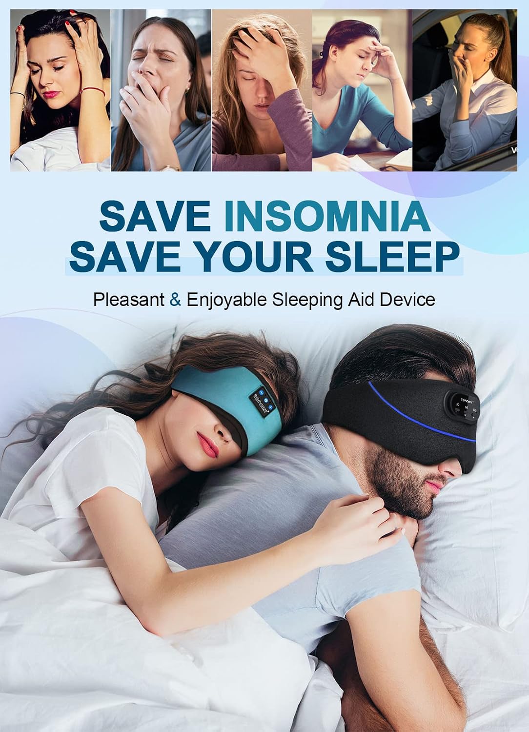 TOPOINT Sleep Mask Headphones Bluetooth Wireless 5.4, Breathable Cotton Eye Mask for Sleeping Side Sleepers Travel Music Headsets with Microphone Handsfree Men Women