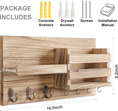 Lwenki Mail Organizer for Wall Mount – Key Holder with Shelf Includes Letter Holder and Hooks for Coats, Dog Leashes – Rustic Wood with Flush Mounting Hardware (16.5” x 8.7” x 3.5”)