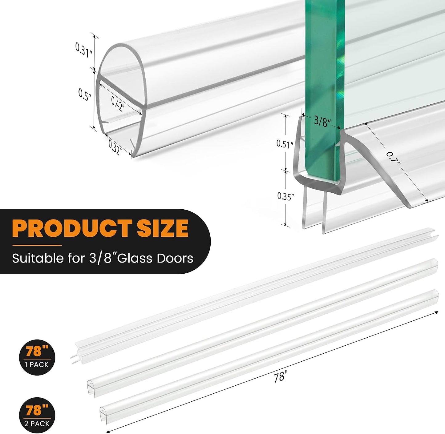 2 PCS Shower Door Bottom Seal, 3/8” X 36” Frameless Shower Glass Door Seal Strip, Clear PVC Shower Door Sweep Stop Shower Leaks, Shower Seal for 3/8 Inch (10mm) Glass