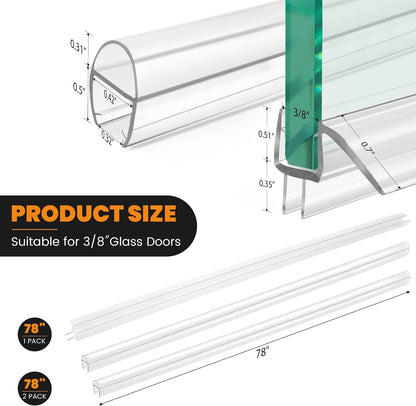 2 PCS Shower Door Bottom Seal, 3/8” X 36” Frameless Shower Glass Door Seal Strip, Clear PVC Shower Door Sweep Stop Shower Leaks, Shower Seal for 3/8 Inch (10mm) Glass