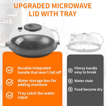 Microwave Splatter Cover Lid for Food 10.2 Inch with Water Steamer, Clear Microwave Splash Guard Cooker Lid with Plate, Dish Bowl Plate Serving Cover Cookware High Transparent Plastic Black