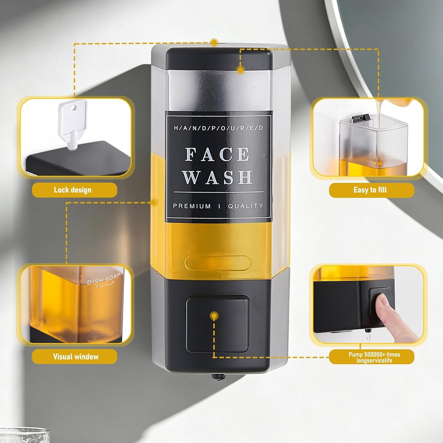 Pollock Shampoo and Conditioner Dispenser,Black 3 Chamber * 500ML | Shower Soap Dispenser Wall Mounted, Body Wash Dispenser No Drill,Refillable Shower Dispenser for Bathroom,Hotel,Public Place