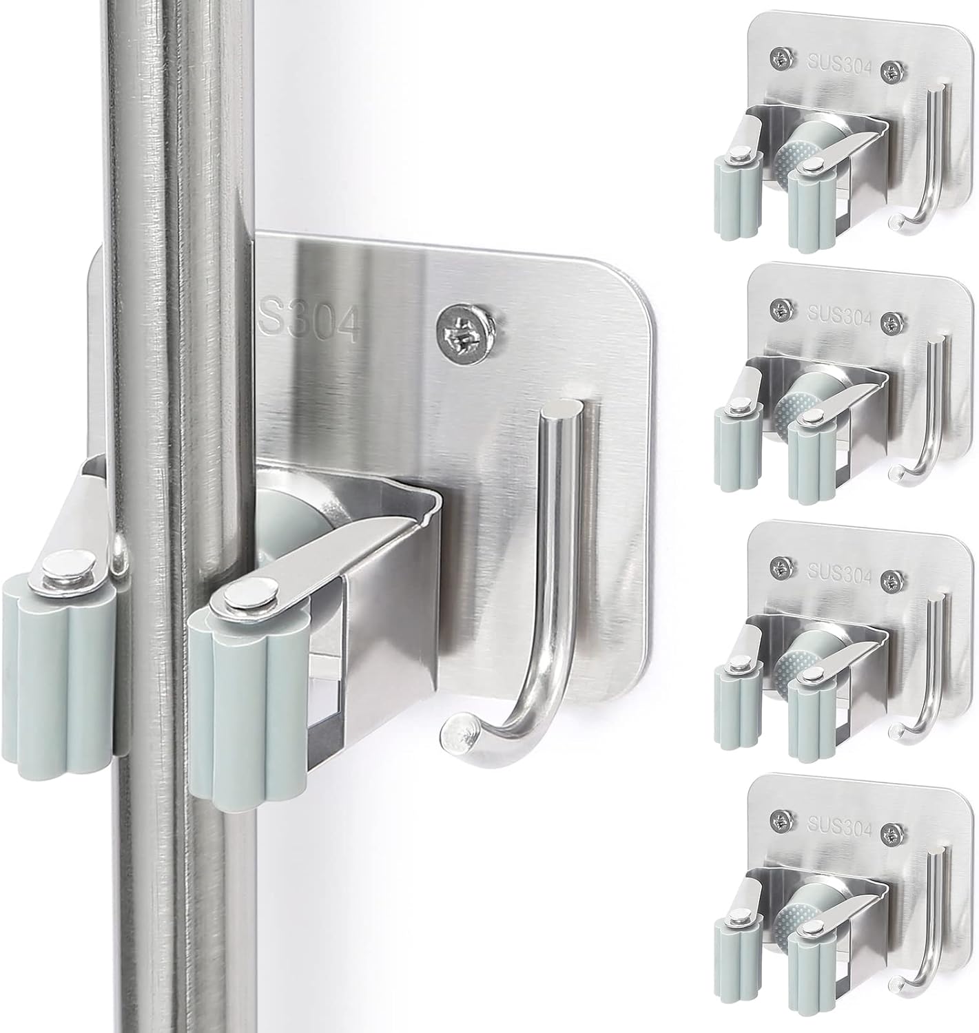 Stainless Steel Broom Holder, Heavy Duty, Rust Resistant, 4 Gripper Positions with 4 Hooks, Black | Drill-Mounted Gripper Rack Holds Brooms, Mops and Garden Tools Safely in the Laundry Room, Kitchen, Garage, Garden and Shed