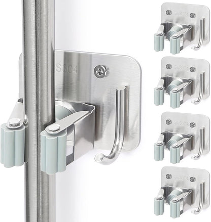 Stainless Steel Broom Holder, Heavy Duty, Rust Resistant, 4 Gripper Positions with 4 Hooks, Black | Drill-Mounted Gripper Rack Holds Brooms, Mops and Garden Tools Safely in the Laundry Room, Kitchen, Garage, Garden and Shed