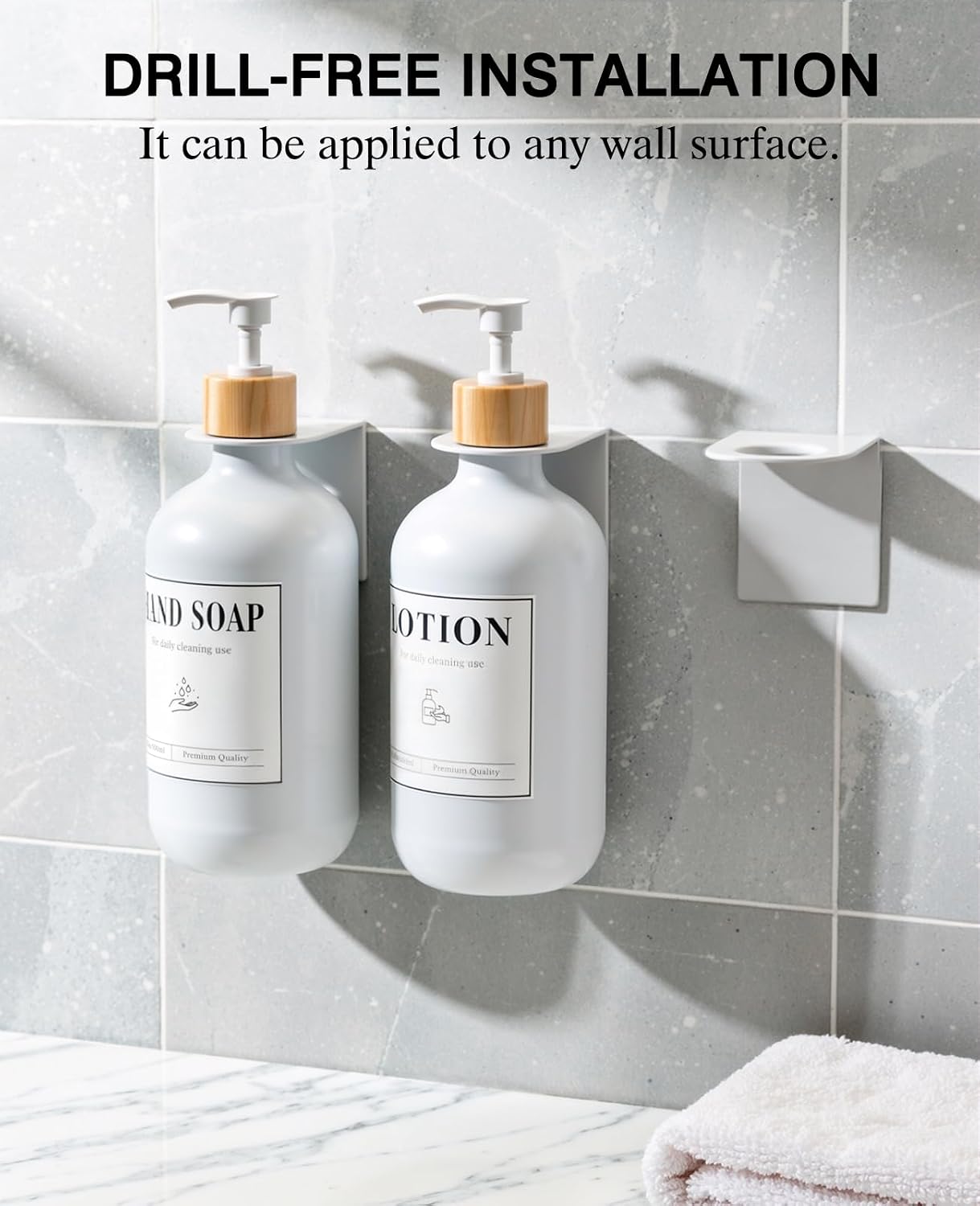 Luxspire 17oz Shampoo and Conditioner Dispenser 3 Sets for Bathroom, Black | Matte PET bottle, no-drill stainless bracket, detachable pump, dual wall/counter install with classification stickers