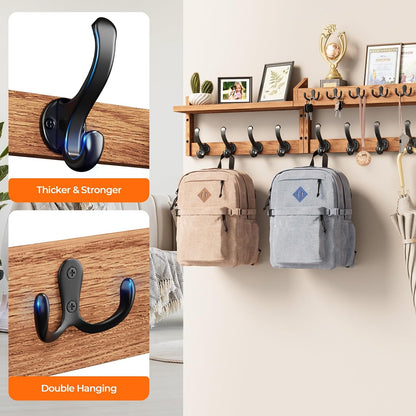 Evermagin 29" Coat Rack Wall Mount with Shelf & 11 Hooks, Entryway, Black | Wooden Wall Mounted Coat and Key Rack with Hooks, Key Hanger with Mail Holder for Living Room, Mudroom, Bedroom