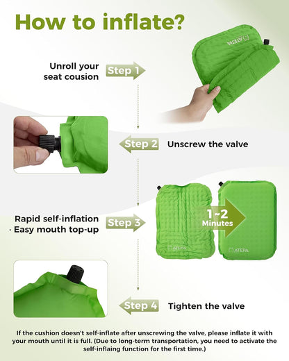 ATEPA Inflatable Seat Cushion | 2" & 2.5" foam core seat pad, Self inflating, Compact, Stadium, Airplane, Travel, Camping, Hiking, Sports events