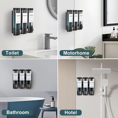 Shampoo Conditioner Shower Soap Dispenser 3 Chamber Wall Mount Black | Refillable. Leakproof 900ml. No-Drill Wall Mount. Soap, Shampoo, Conditioner, Body Wash, Shower Gel, Bathroom Set. BPA-Free.