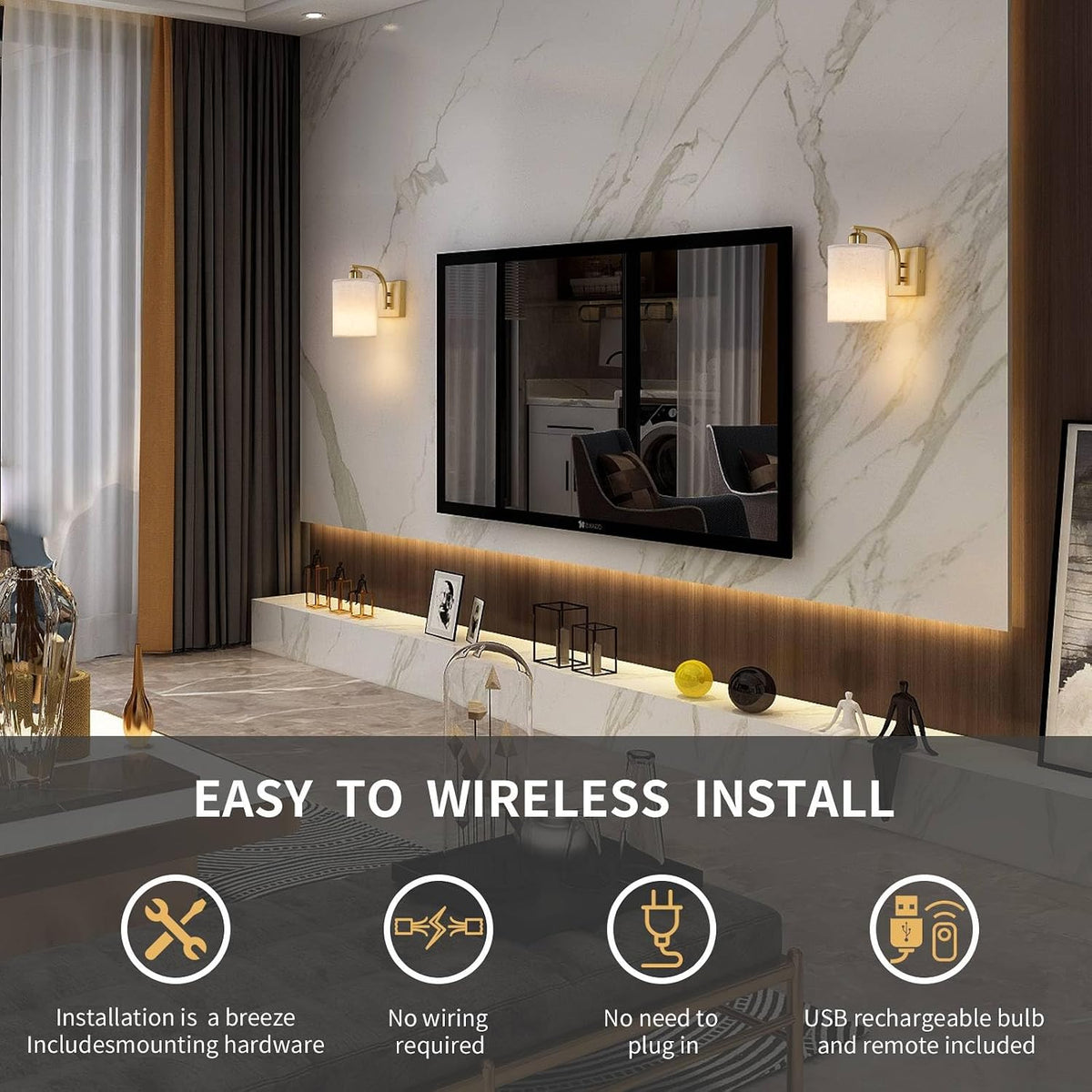 Powfloven Black Rechargeable Wall Sconces Set of 2 with Remote, Wireless Dimmable Battery Operated LED Wall Lights, Cordless Wall Lighting Lamp Fixture for Bedroom Living Room