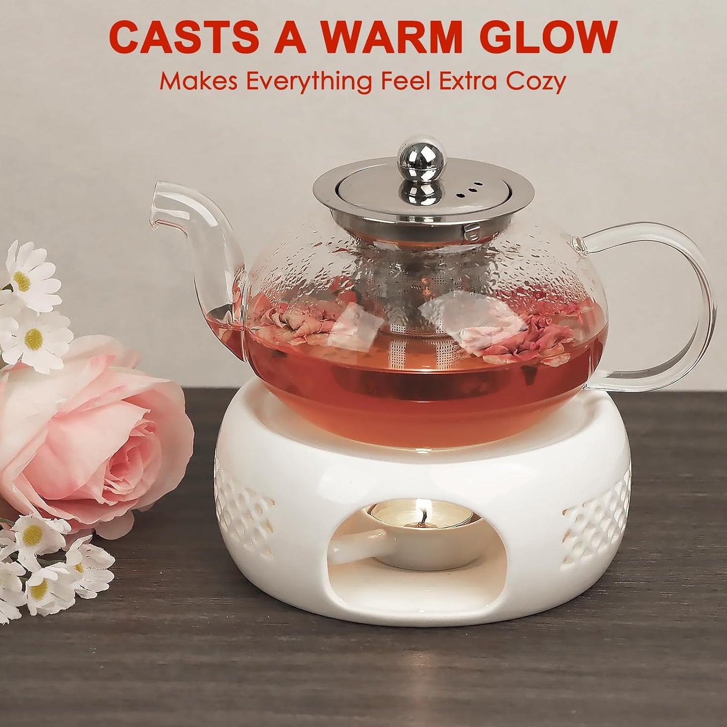 Teapot Warmer, Ceramic Tea Warmer with Tealight Holder, Teapot Heater for Heating Tea, Coffee, Milk, Tea Light Warmer, Suitable for All Teapots