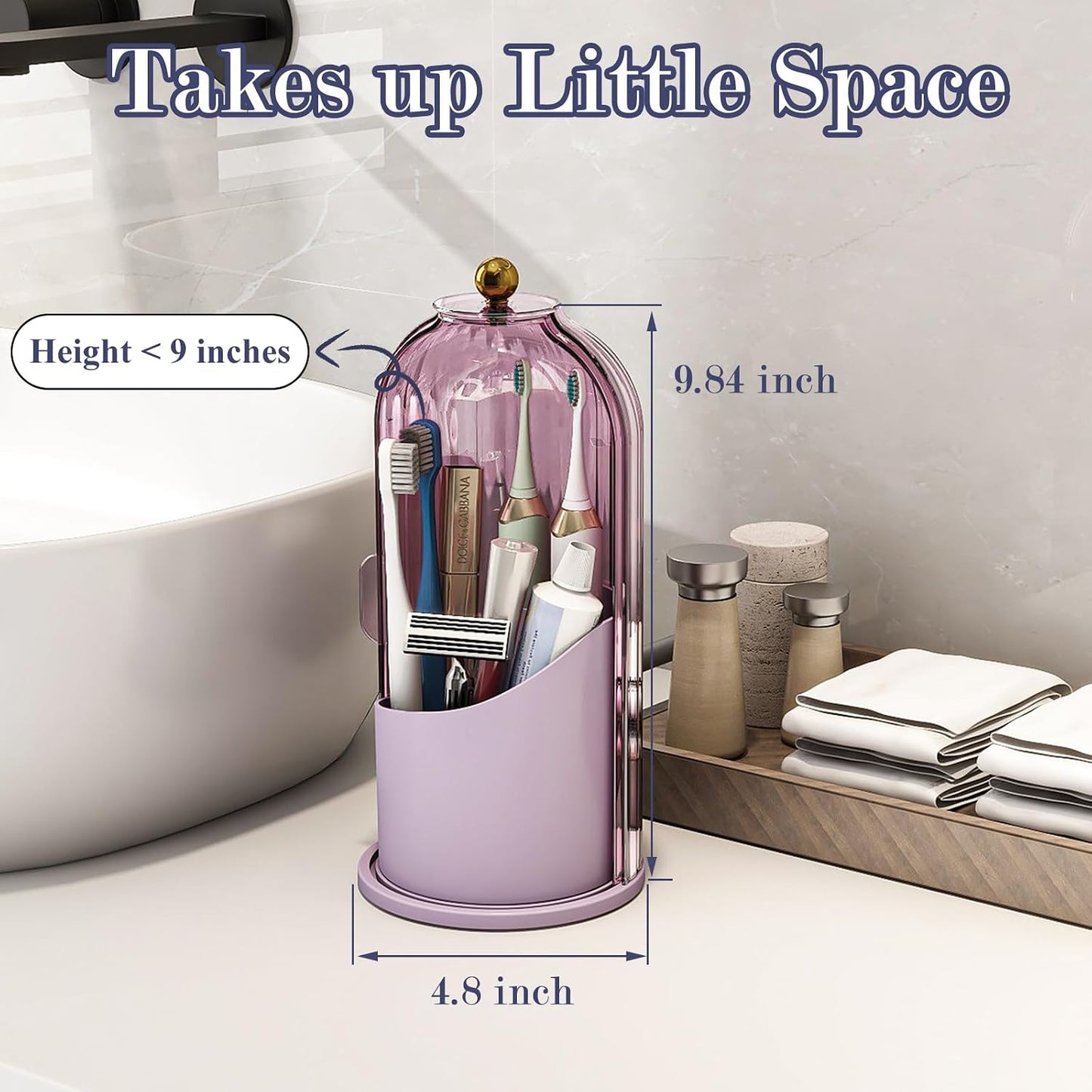 Toothbrush and Toothpaste Holders with Cover, Grey White | Waterproof and Dustproof, 360° Rotating Base, Smooth Sliding Door, 3 Slots, for Bathroom Countertop