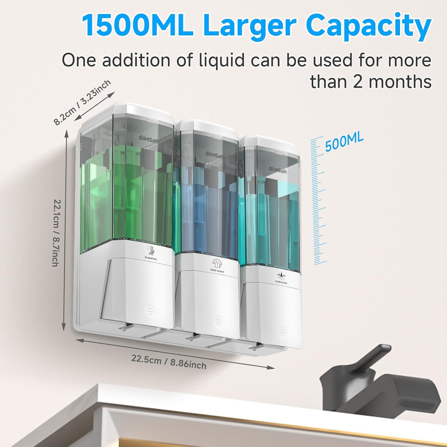 Shampoo and Conditioner Dispenser,GlintGath Shower Dispenser 3 Chamber No Drill Shampoo Dispenser for Shower Wall Mounted Shower Soap Dispenser for Bathroom Hotel,Large Capacity 3 * 500ML,White1