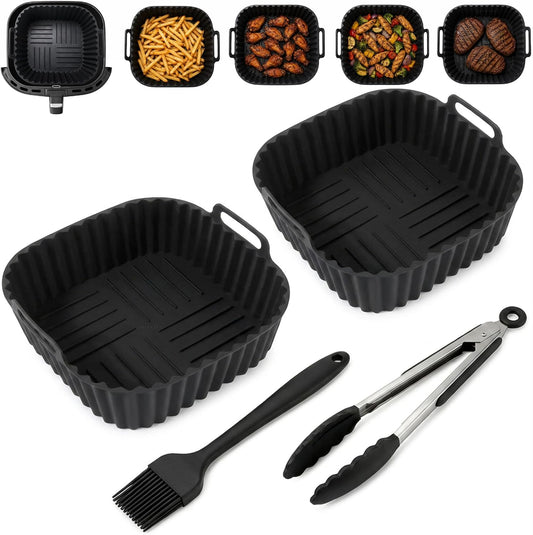 Reusable Silicone Air Fryer Liners 4 PCS Set | 2-Pack 8-Inch Square Liners with Tongs & Basting Brush | Compatible with Ninja AF141 AF181, COSORI & More | Food-Grade Accessories for 5–7 QT Baskets
