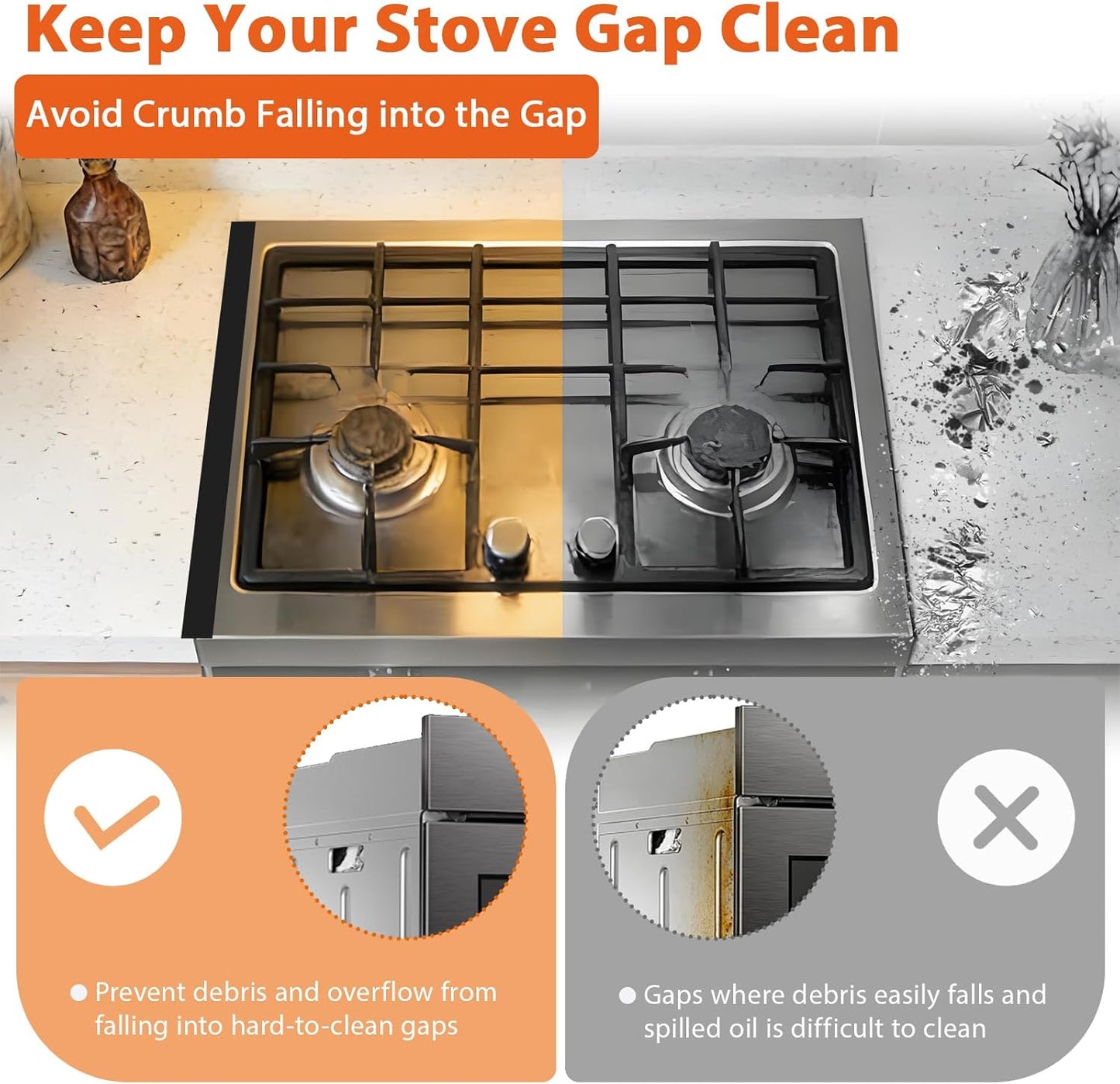 “T” design Stove Gap Covers 2 Pack, Adjustable 13.8” to 27.5”Stove Gap Filler Stainless Steel, Heat Resistant Range Trim Kit, Oven Side Gap Filler，Easy to Clean and Maintain