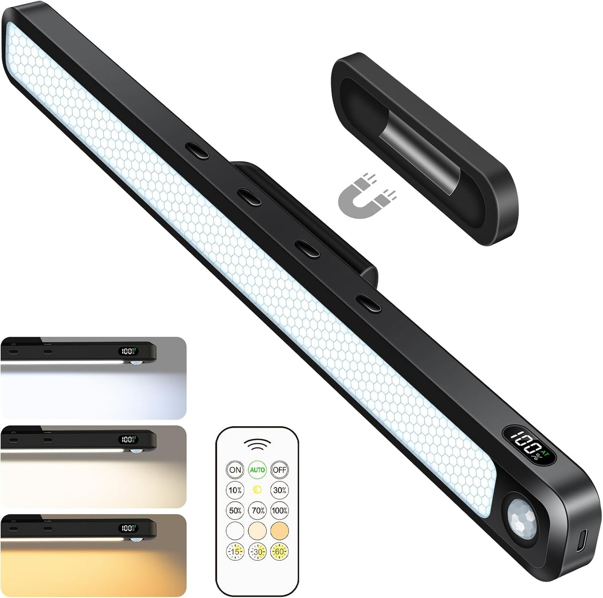 Ferswe 5W Motion Sensor Magnetic Light Bar, 2500mAh Rechargeable Under Cabinet Lighting with Battery Display, Eye-Friendly Mirror Lights, LED Light Bar for Cabinet, Closet, Bathroom and Desk