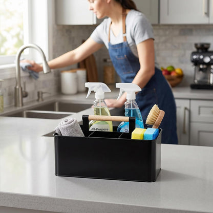 Cleaning Caddy with Handle, Black Metal Supply Organizer | Metal body, 12.8 in caddy, bathroom and under sink storage, wooden handle, divided layout, smooth rounded edges