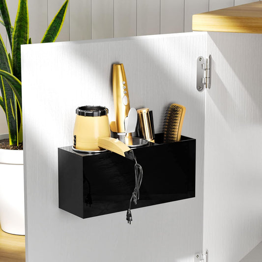 NIUBEE Hair Tool Organizer Wall Mount, Hair Dryer Holder for Bathroom,White | Acrylic Hair Organizer Storage Countertop, Blow Dryer Holder, Hot Tools Organizer for Curling Iron, Brush, 2 Stainless Cups