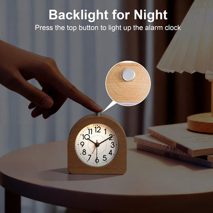 Lafocuse Silent Bedside Alarm Clock, Wood Frame Analog Alarm Clock with Snooze, Nightlight Function, Desk Table Clocks for Bedroom Home Kitchen