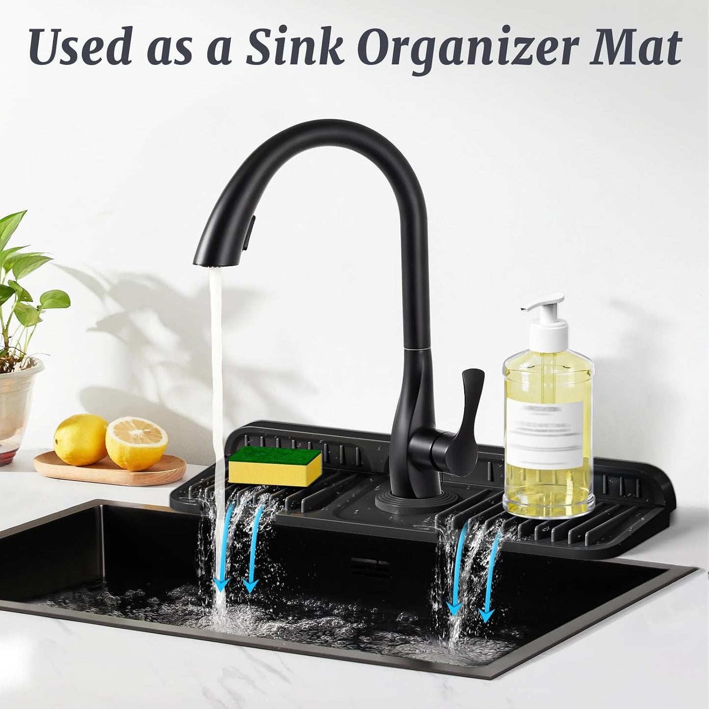 PoYang 24 Inch Faucet Mat for Kitchen Sink Splash Guard, Silicone, Black | Sink Protectors with 7° Slope for Smooth Drainage, Snap Button Holds It in Place, 90° Foldable & Cuttable Hole Fit Most Sinks